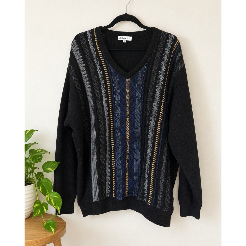 Vintage London Fog Men's 2XL 3D Multicolor Textured Knit Grandpacore Sweater